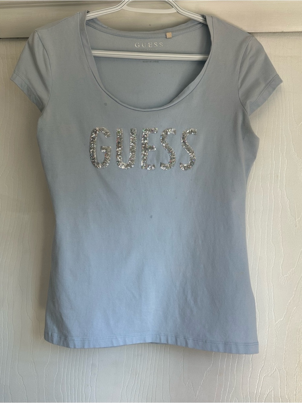 Guess Light Blue Short Sleeve Tee with Silver Sequin Logo